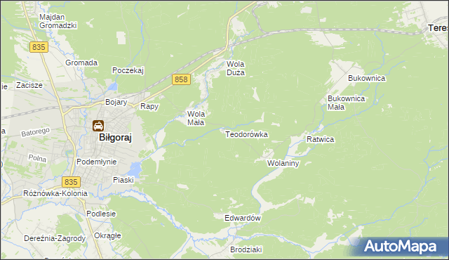 mapa Teodorówka gmina Biłgoraj, Teodorówka gmina Biłgoraj na mapie Targeo