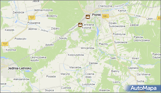 mapa Wincentów gmina Pionki, Wincentów gmina Pionki na mapie Targeo