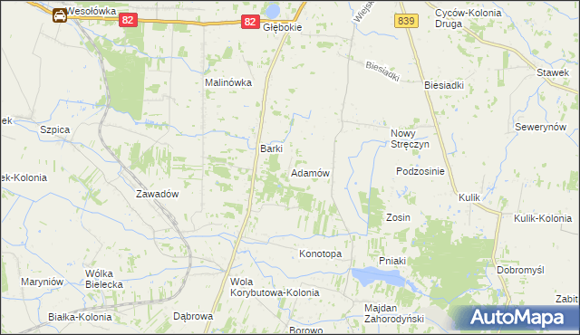 mapa Adamów gmina Cyców, Adamów gmina Cyców na mapie Targeo