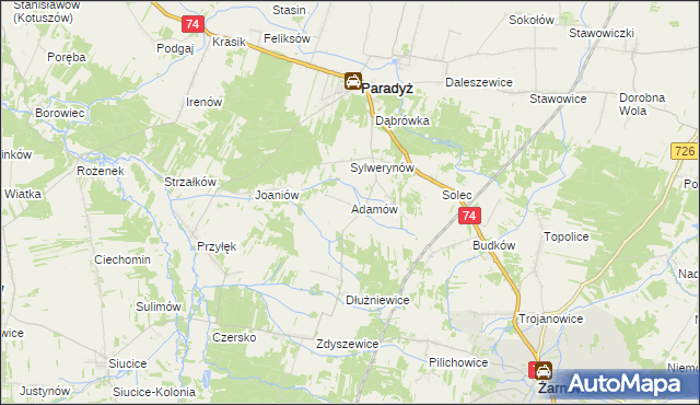 mapa Adamów gmina Paradyż, Adamów gmina Paradyż na mapie Targeo