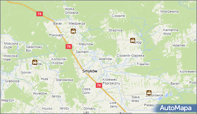 mapa Adamów gmina Smyków, Adamów gmina Smyków na mapie Targeo