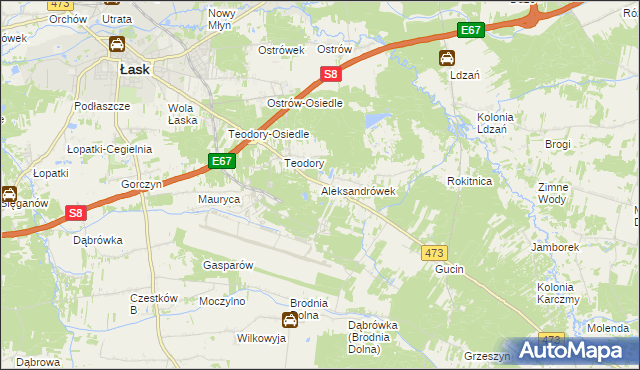 mapa Aleksandrówek gmina Łask, Aleksandrówek gmina Łask na mapie Targeo