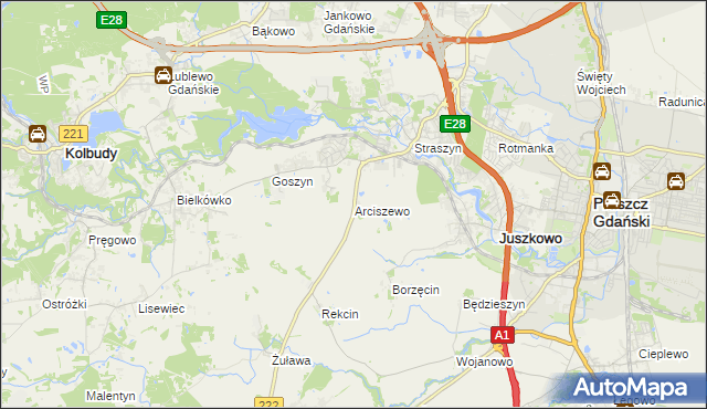 mapa Arciszewo gmina Pruszcz Gdański, Arciszewo gmina Pruszcz Gdański na mapie Targeo