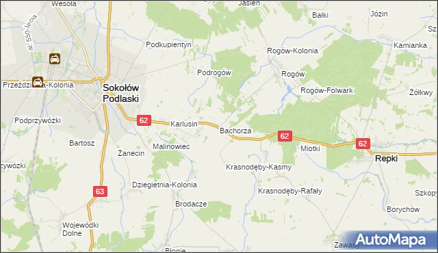 mapa Bachorza gmina Sokołów Podlaski, Bachorza gmina Sokołów Podlaski na mapie Targeo