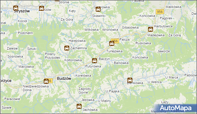 mapa Baczyn gmina Budzów, Baczyn gmina Budzów na mapie Targeo