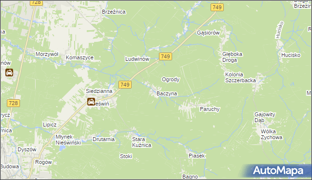 mapa Baczyna gmina Końskie, Baczyna gmina Końskie na mapie Targeo