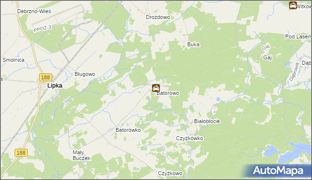 mapa Batorowo gmina Lipka, Batorowo gmina Lipka na mapie Targeo