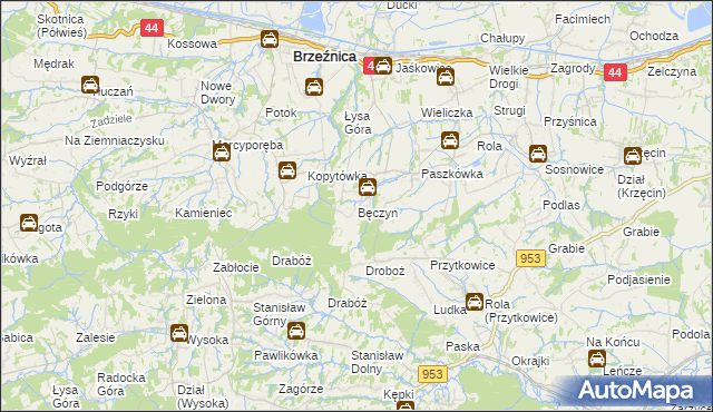 mapa Bęczyn gmina Brzeźnica, Bęczyn gmina Brzeźnica na mapie Targeo