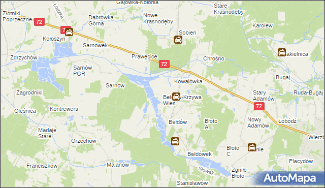 mapa Bełdów-Krzywa Wieś, Bełdów-Krzywa Wieś na mapie Targeo