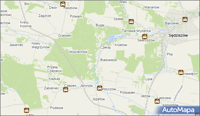 mapa Białowieża gmina Sędziszów, Białowieża gmina Sędziszów na mapie Targeo