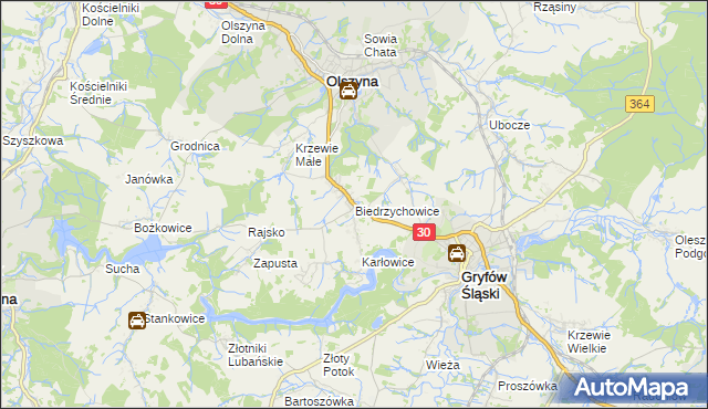 mapa Biedrzychowice gmina Olszyna, Biedrzychowice gmina Olszyna na mapie Targeo