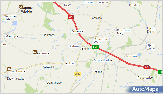 mapa Bielany gmina Wądroże Wielkie, Bielany gmina Wądroże Wielkie na mapie Targeo