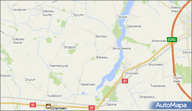mapa Bielawy gmina Granowo, Bielawy gmina Granowo na mapie Targeo