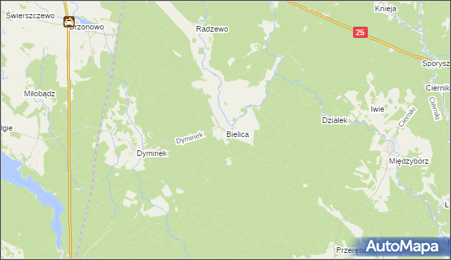 mapa Bielica gmina Biały Bór, Bielica gmina Biały Bór na mapie Targeo