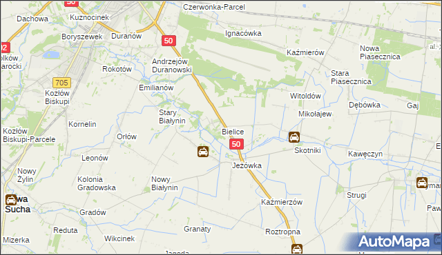 mapa Bielice gmina Sochaczew, Bielice gmina Sochaczew na mapie Targeo