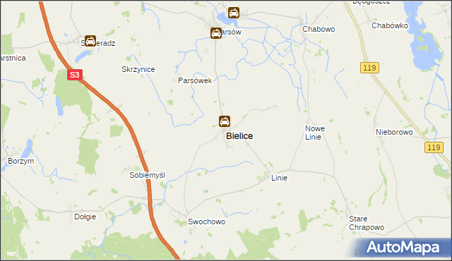 mapa Bielice powiat pyrzycki, Bielice powiat pyrzycki na mapie Targeo