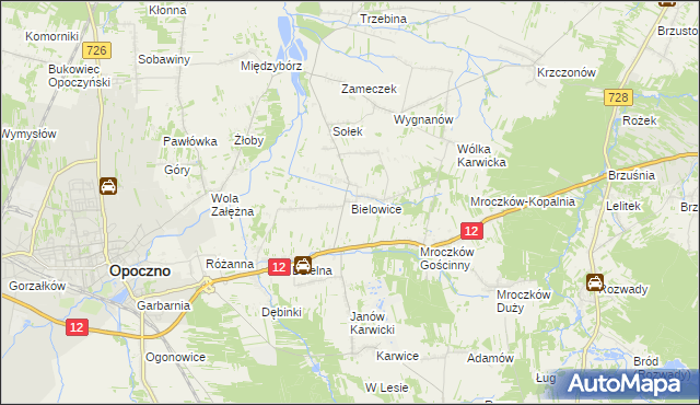 mapa Bielowice gmina Opoczno, Bielowice gmina Opoczno na mapie Targeo