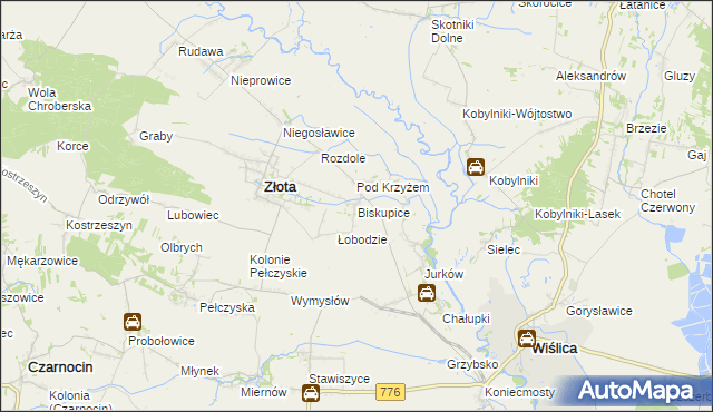 mapa Biskupice gmina Złota, Biskupice gmina Złota na mapie Targeo