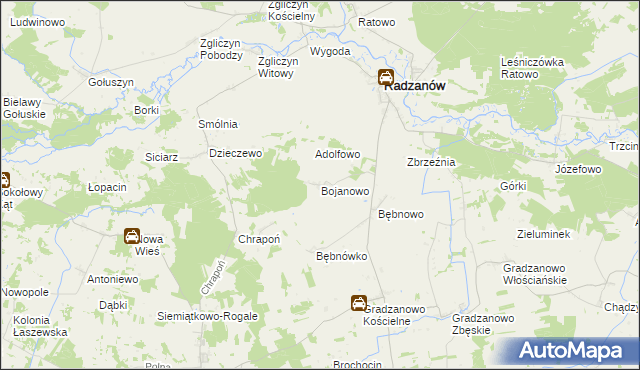 mapa Bojanowo gmina Radzanów, Bojanowo gmina Radzanów na mapie Targeo