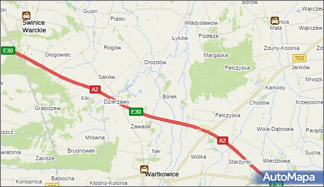 mapa Borek gmina Wartkowice, Borek gmina Wartkowice na mapie Targeo