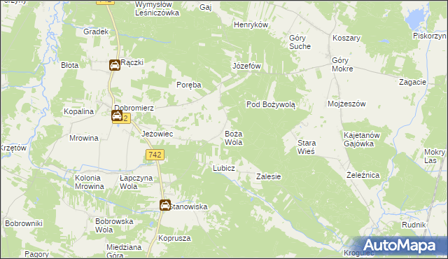 mapa Boża Wola gmina Kluczewsko, Boża Wola gmina Kluczewsko na mapie Targeo