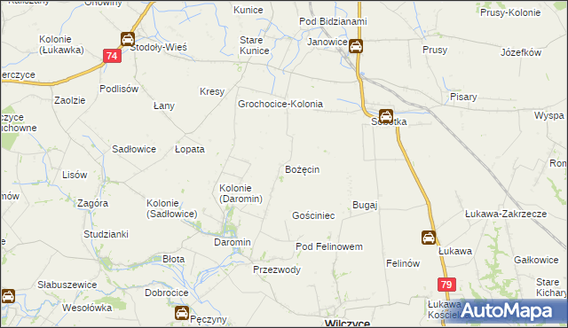 mapa Bożęcin gmina Wilczyce, Bożęcin gmina Wilczyce na mapie Targeo