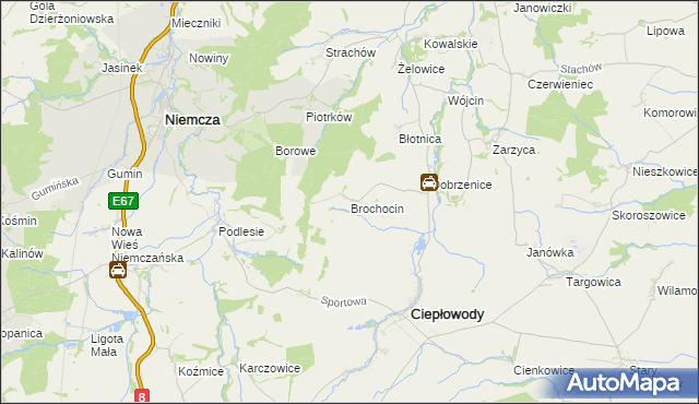 mapa Brochocin gmina Ciepłowody, Brochocin gmina Ciepłowody na mapie Targeo