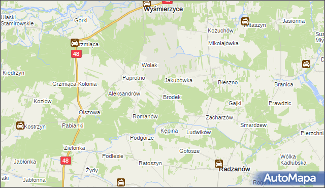 mapa Brodek gmina Wyśmierzyce, Brodek gmina Wyśmierzyce na mapie Targeo