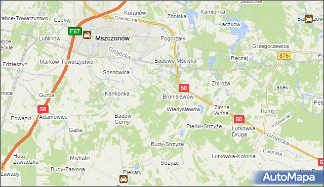 mapa Bronisławów gmina Mszczonów, Bronisławów gmina Mszczonów na mapie Targeo