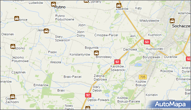 mapa Bronisławy gmina Rybno, Bronisławy gmina Rybno na mapie Targeo