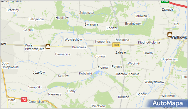 mapa Bronów gmina Wartkowice, Bronów gmina Wartkowice na mapie Targeo