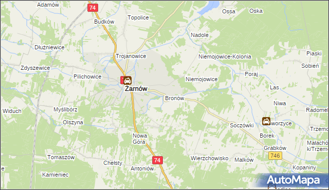 mapa Bronów gmina Żarnów, Bronów gmina Żarnów na mapie Targeo