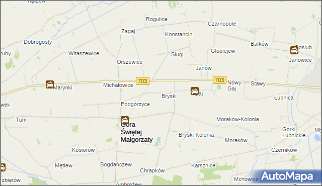 mapa Bryski gmina Góra Świętej Małgorzaty, Bryski gmina Góra Świętej Małgorzaty na mapie Targeo