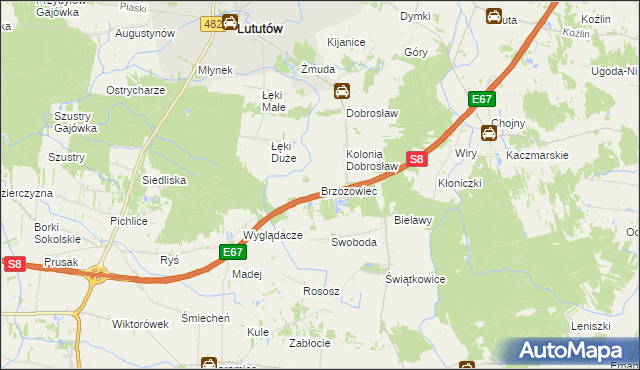 mapa Brzozowiec gmina Lututów, Brzozowiec gmina Lututów na mapie Targeo