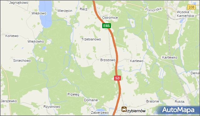 mapa Brzozowo gmina Przybiernów, Brzozowo gmina Przybiernów na mapie Targeo