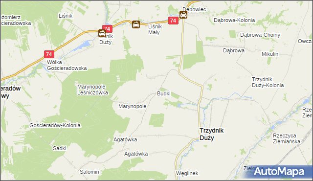 mapa Budki gmina Trzydnik Duży, Budki gmina Trzydnik Duży na mapie Targeo