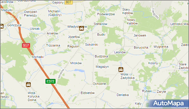 mapa Budziska gmina Trojanów, Budziska gmina Trojanów na mapie Targeo