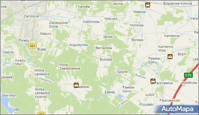 mapa Bukowa gmina Bełchatów, Bukowa gmina Bełchatów na mapie Targeo