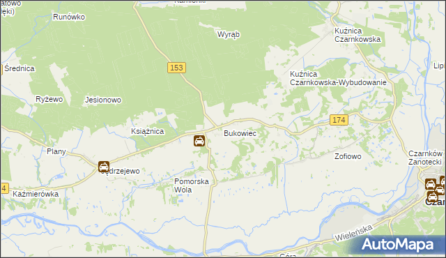 mapa Bukowiec gmina Czarnków, Bukowiec gmina Czarnków na mapie Targeo