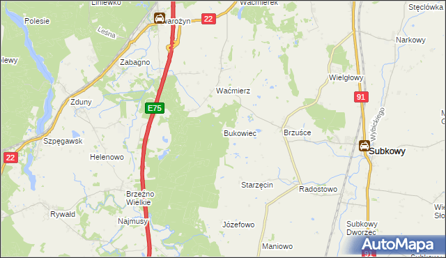 mapa Bukowiec gmina Subkowy, Bukowiec gmina Subkowy na mapie Targeo