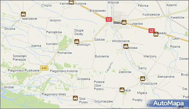 mapa Bukowina gmina Błaszki, Bukowina gmina Błaszki na mapie Targeo