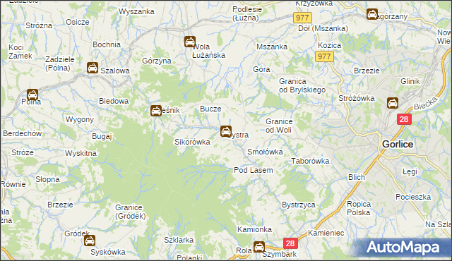 mapa Bystra gmina Gorlice, Bystra gmina Gorlice na mapie Targeo