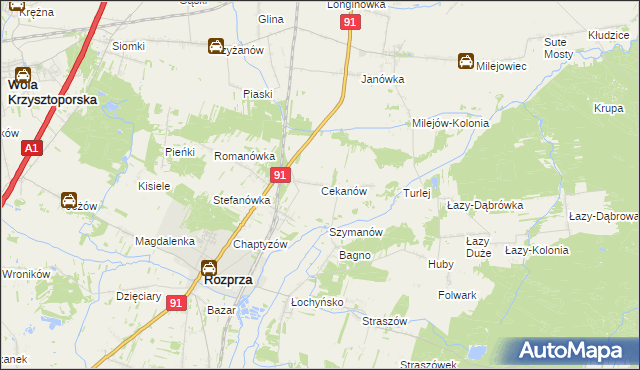 mapa Cekanów gmina Rozprza, Cekanów gmina Rozprza na mapie Targeo