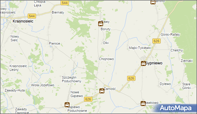 mapa Chojnowo gmina Sypniewo, Chojnowo gmina Sypniewo na mapie Targeo