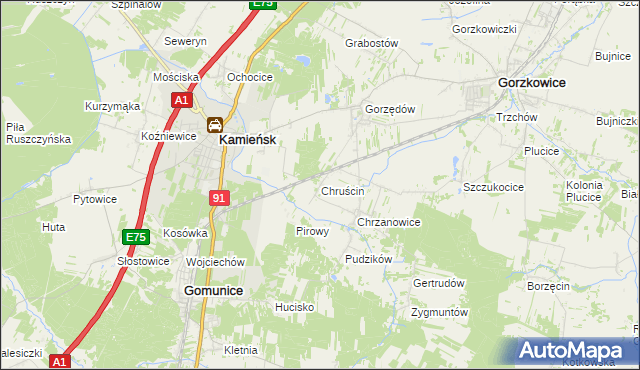 mapa Chruścin gmina Gomunice, Chruścin gmina Gomunice na mapie Targeo