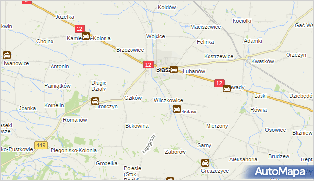 mapa Chrzanowice gmina Błaszki, Chrzanowice gmina Błaszki na mapie Targeo