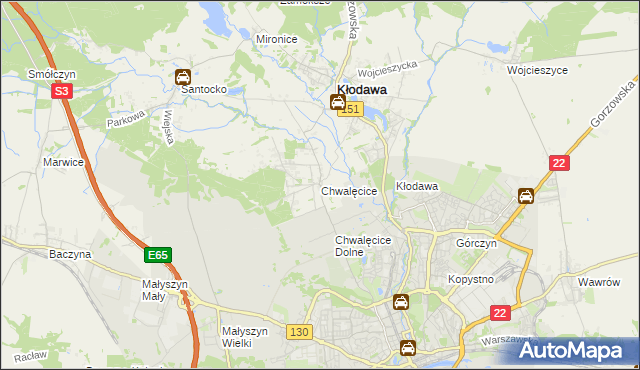 mapa Chwalęcice gmina Kłodawa, Chwalęcice gmina Kłodawa na mapie Targeo