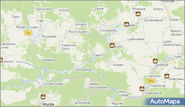 mapa Cieślin gmina Klucze, Cieślin gmina Klucze na mapie Targeo