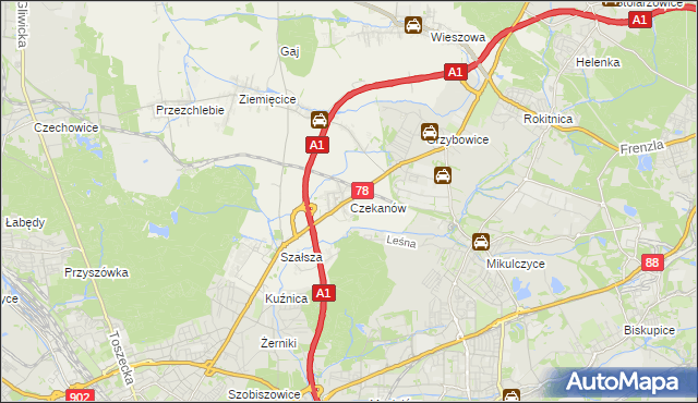 mapa Czekanów gmina Zbrosławice, Czekanów gmina Zbrosławice na mapie Targeo