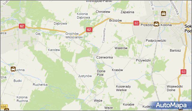 mapa Czerwonka gmina Sokołów Podlaski, Czerwonka gmina Sokołów Podlaski na mapie Targeo